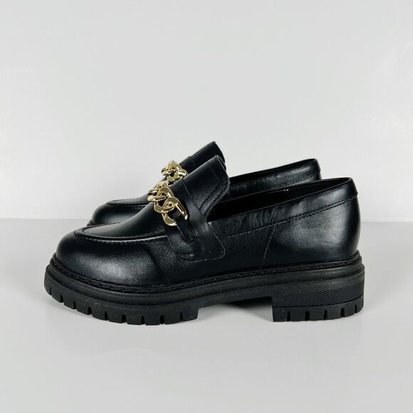 Anthropologie Black Leather Lug Sole Platform Loafers With Gold Chain Size 6 - Picture 3 of 10